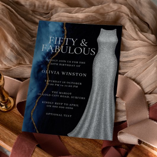 Elegant Silver Dress & Navy 50th Birthday Party 招待状