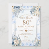 Elegant Silver & Dusty Blue Roses 80th Birthday 招待状 (正面)