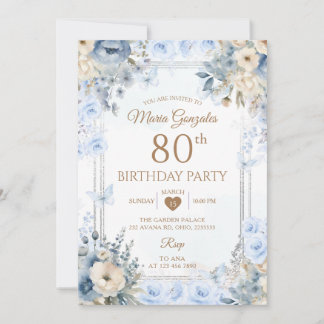 Elegant Silver & Dusty Blue Roses 80th Birthday 招待状