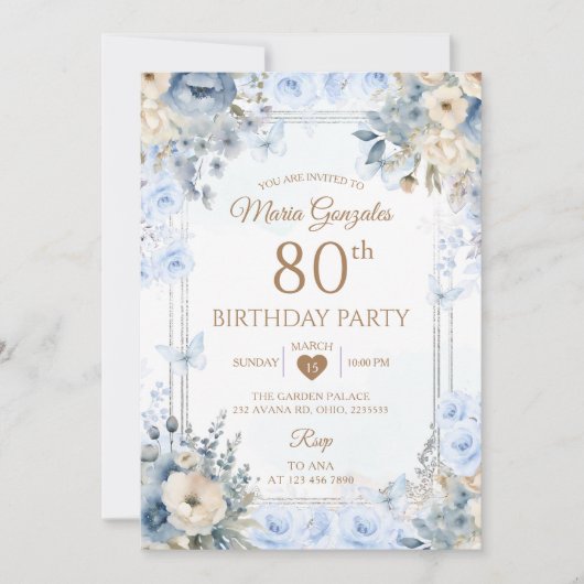Elegant Silver & Dusty Blue Roses 80th Birthday 招待状 (正面)