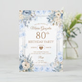 Elegant Silver & Dusty Blue Roses 80th Birthday 招待状 (スタンド正面)