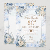 Elegant Silver & Dusty Blue Roses 80th Birthday 招待状 (正面/裏面)