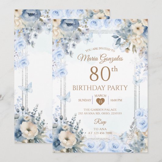 Elegant Silver & Dusty Blue Roses 80th Birthday 招待状 (正面/裏面)