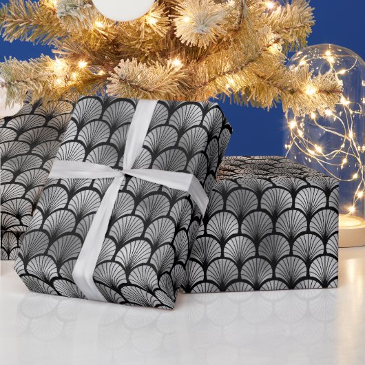Elegant Silver Fan Grid Art Deco Pattern ラッピングペーパー (クリスマス)