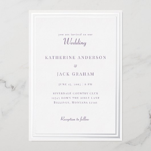 Elegant Silver Frame Lavender Text Wedding Silver 箔招待状 (正面)