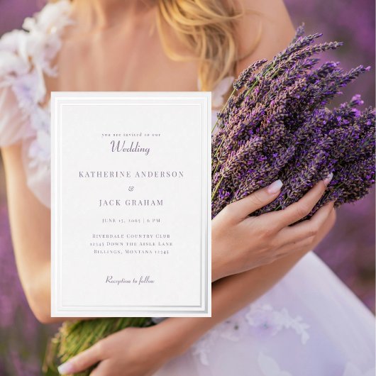 Elegant Silver Frame Lavender Text Wedding Silver 箔招待状