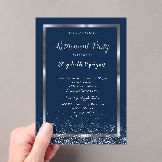 Elegant Silver Frame Navy Confetti Retirement アクリル招待状 (インサイチュ (ポータブル))