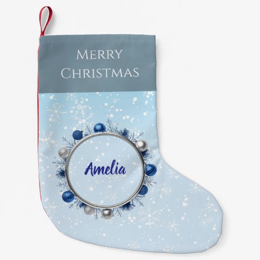 Elegant Silver Frame on Light Blue スモールクリスマスストッキング (正面)