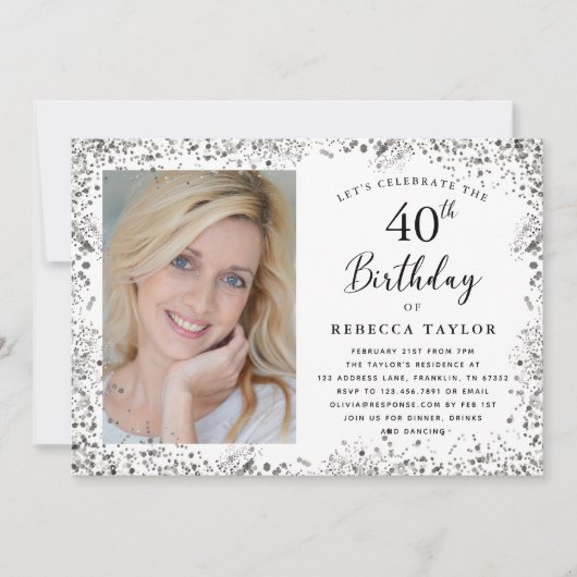 Elegant Silver Glitter 40th Birthday 招待状 (正面)