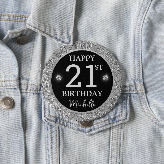 Elegant Silver Glitter Diamonds Birthday 缶バッジ (インサイチュ)