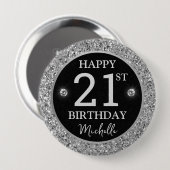 Elegant Silver Glitter Diamonds Birthday 缶バッジ (正面&裏面)