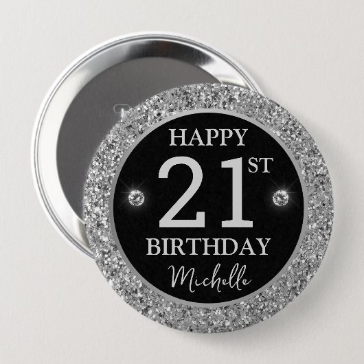 Elegant Silver Glitter Diamonds Birthday 缶バッジ (正面&裏面)