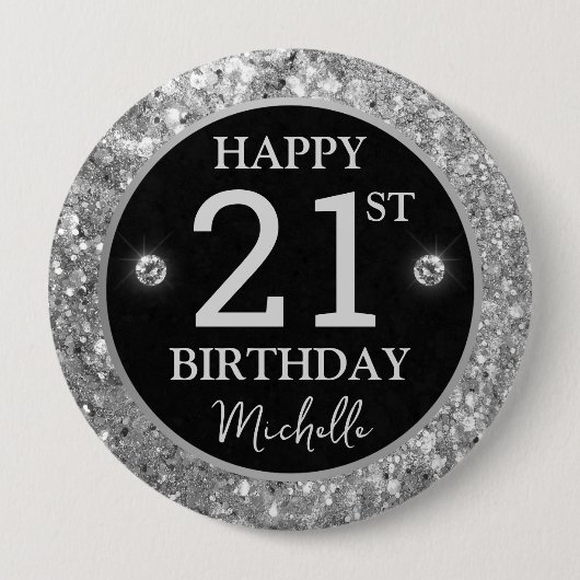Elegant Silver Glitter Diamonds Birthday 缶バッジ (正面)