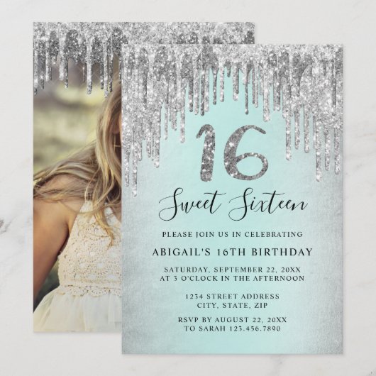 Elegant silver glitter drips sweet sixteen photo 招待状 (正面/裏面)