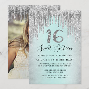 Elegant silver glitter drips sweet sixteen photo 招待状