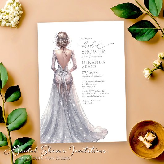 Elegant Silver Glitter Gown Bridal Shower 招待状