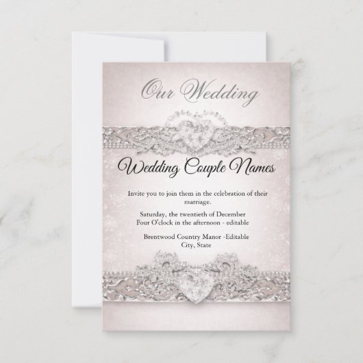 Elegant Silver Heart Wedding Invitations 招待状 (正面)