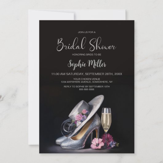 Elegant Silver High Heel Shoes Bridal Shower 招待状 (正面)