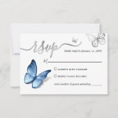 Elegant Silver Light Baby Blue Butterfly Wedding 出欠カード (正面)