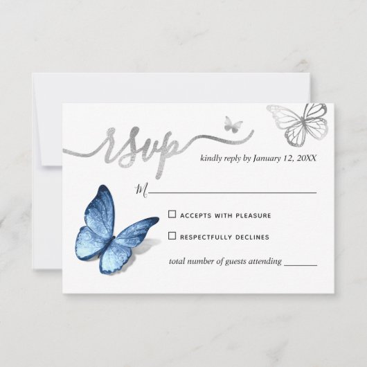 Elegant Silver Light Baby Blue Butterfly Wedding 出欠カード (正面)