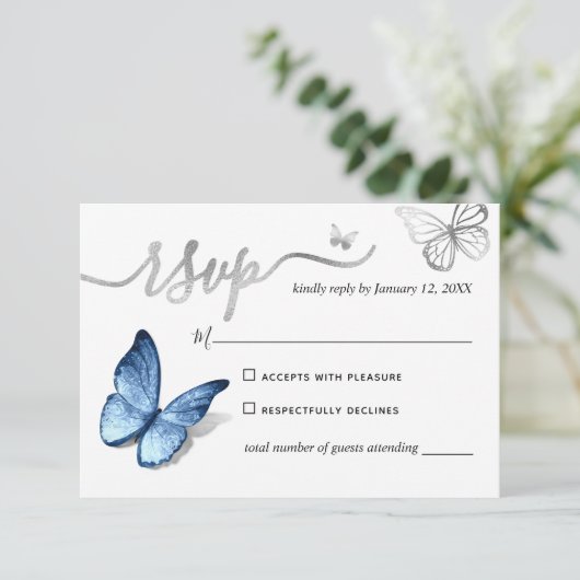 Elegant Silver Light Baby Blue Butterfly Wedding 出欠カード (スタンド正面)