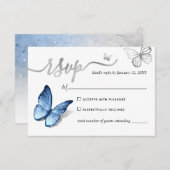 Elegant Silver Light Baby Blue Butterfly Wedding 出欠カード (正面/裏面)
