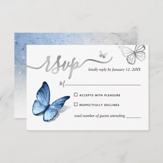 Elegant Silver Light Baby Blue Butterfly Wedding 出欠カード (正面/裏面)