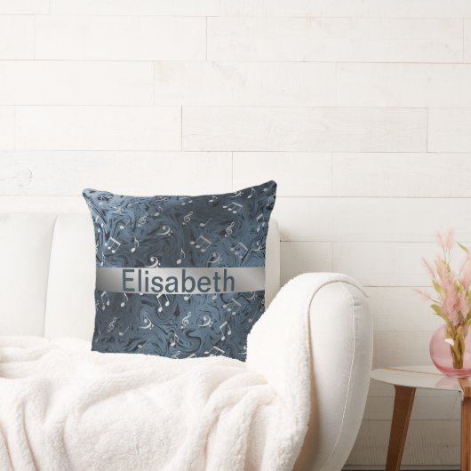elegant silver music notes in blue throw pillow クッション (ソファ)