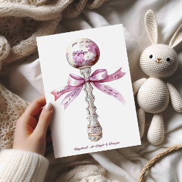 Elegant Silver Pink Rattle Bow Baby Shower 招待状