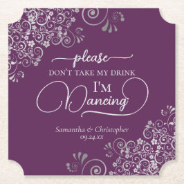 Elegant Silver & Plum Don't Take My Drink Wedding ペーパーコースター