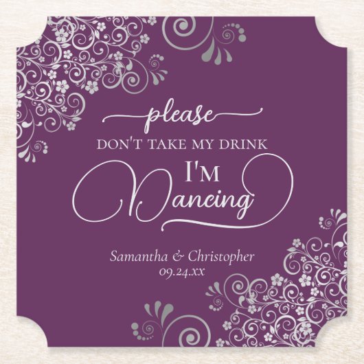 Elegant Silver & Plum Don't Take My Drink Wedding ペーパーコースター (正面)
