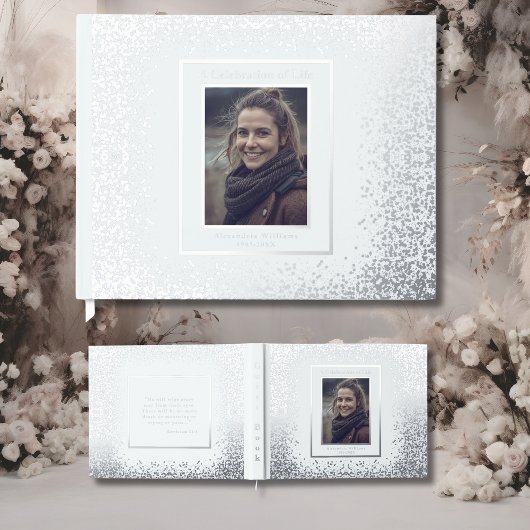Elegant Silver Real Foil Funeral Guest Book Photo ゲストブック