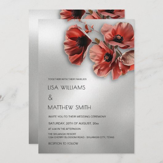 Elegant Silver Red Flowers | Photo Wedding 招待状 (正面/裏面)