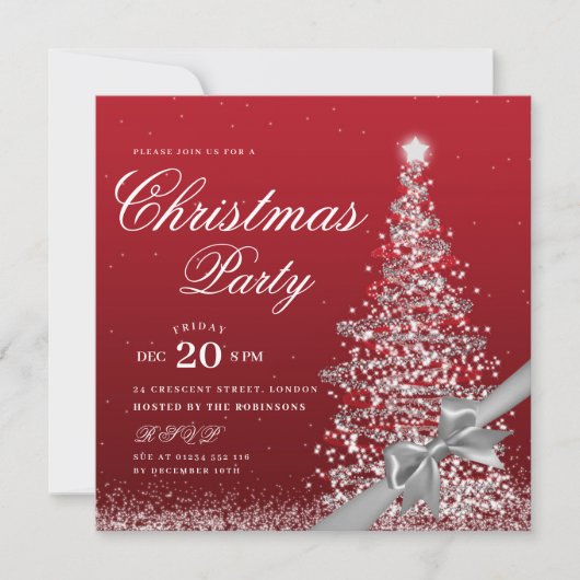 Elegant Silver Red Winter Christmas Tree Bow  招待状 (正面)