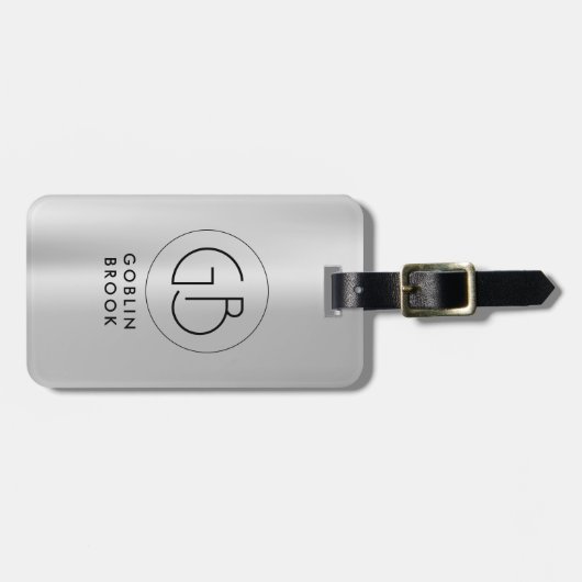 Elegant Silver Round brushed metallic Monogram ラゲッジタグ (正面横)