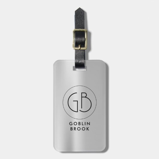 Elegant Silver Round brushed metallic Monogram ラゲッジタグ (正面縦)