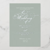 Elegant Silver Script on Sage Italy Destination 箔招待状 (正面)