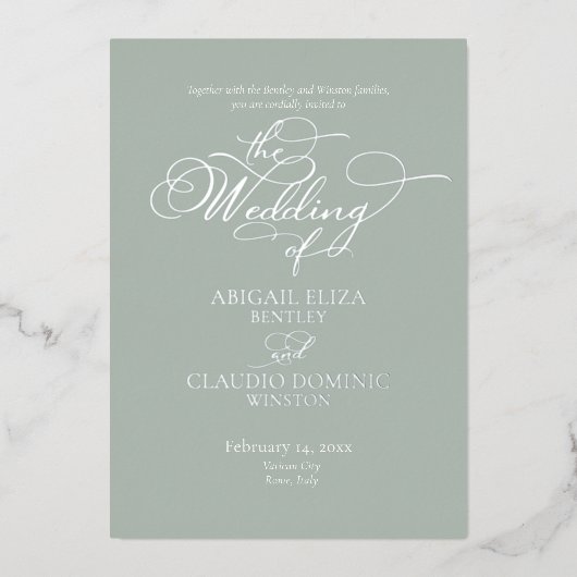 Elegant Silver Script on Sage Italy Destination 箔招待状 (正面)