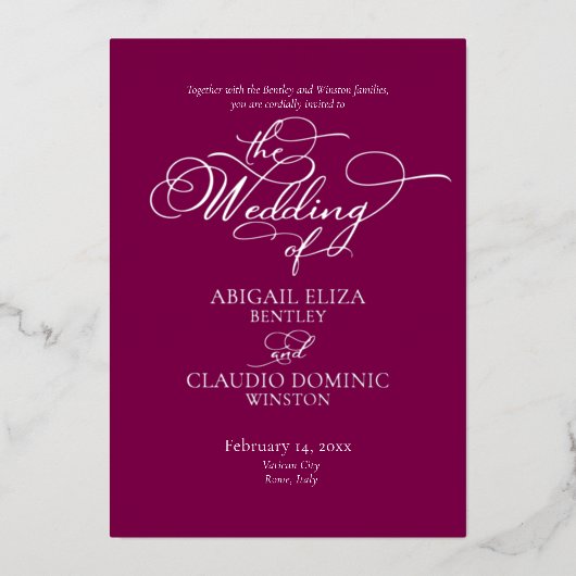 Elegant Silver Script on Wine Italy Destination 箔招待状 (正面)