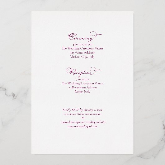 Elegant Silver Script on Wine Italy Destination 箔招待状 (裏面)