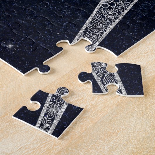 Elegant Silver Sun Moon Doodle Mandala Blue Design ジグソーパズル (側面)