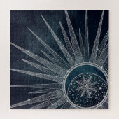 Elegant Silver Sun Moon Doodle Mandala Blue Design ジグソーパズル (横)