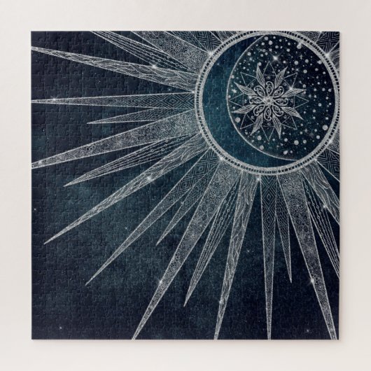 Elegant Silver Sun Moon Doodle Mandala Blue Design ジグソーパズル (縦)