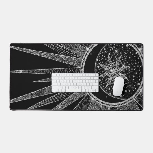 Elegant Silver Sun Moon Mandala Black Design デスクマット (キーボード&マウス)