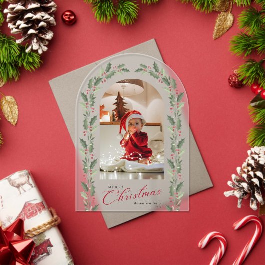 Elegant Simple Arch 1 Photo Christmas Holiday Card アクリル招待状 (インサイチュ (クリスマス))