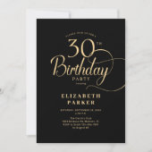 Elegant Simple Black Gold Script 30th Birthday 招待状 (正面)