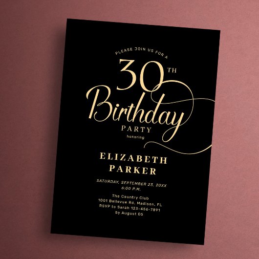 Elegant Simple Black Gold Script 30th Birthday 招待状