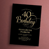 Elegant Simple Black Gold Script 40th Birthday 招待状