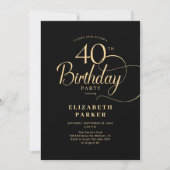 Elegant Simple Black Gold Script 40th Birthday 招待状 (正面)
