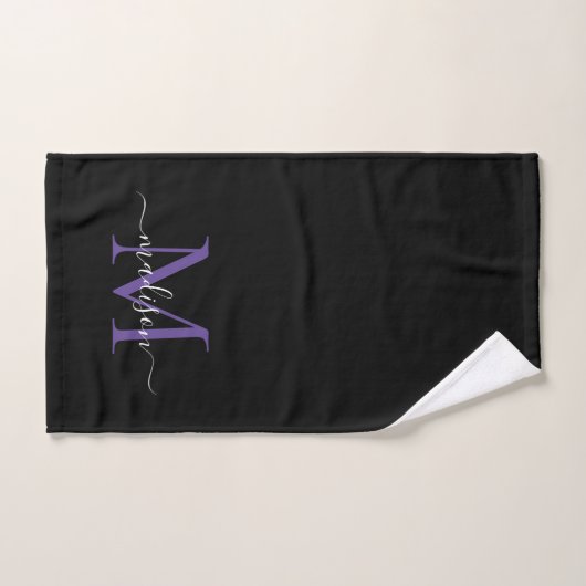 Elegant Simple Black Purple Monogram Script Name ハンドタオル (ハンドタオル)